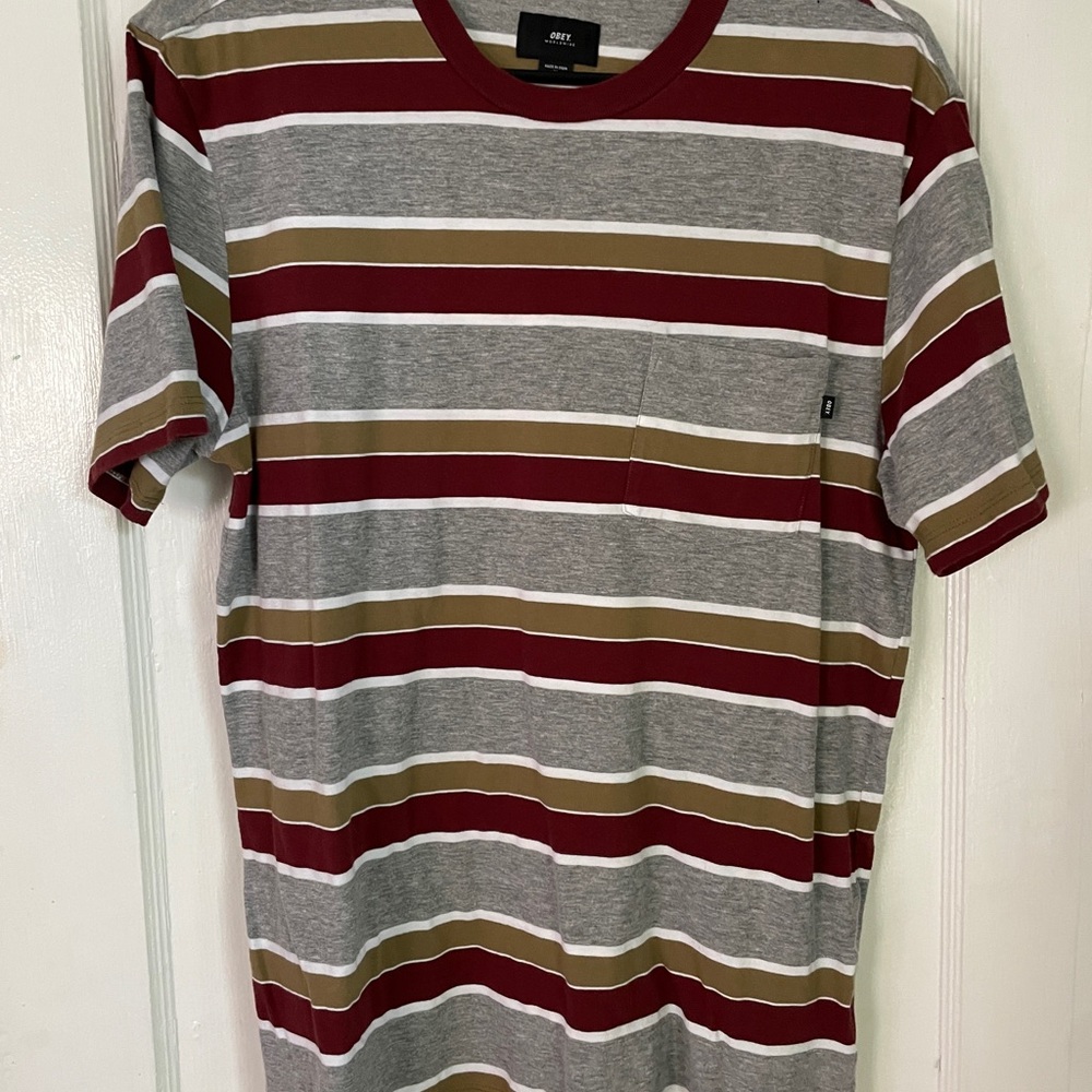 Obey Gray and Red Short Sleeve Tee Casual Striped Design